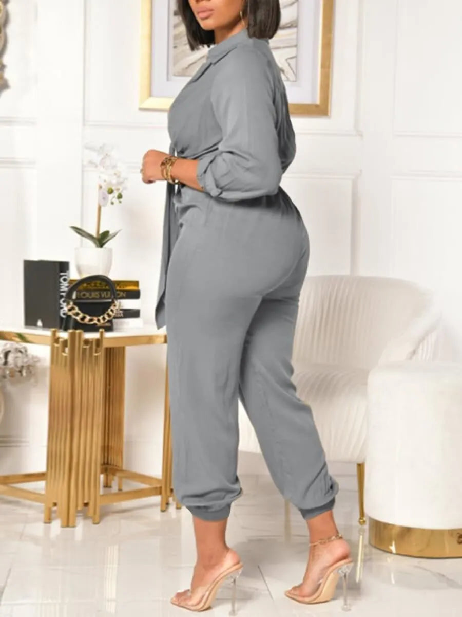 LW Jumpsuit BASICS Plus Size Casual V Neck Tie Knot Grey Solid Long Sleeve Rompers Lady Outfits