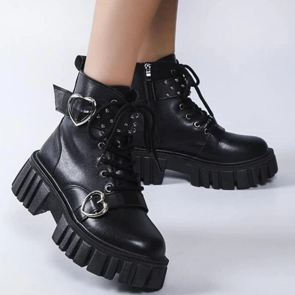 Women Black Lace Up Minimalist Side Zip Flat Artificial Microfiber Leather Combat Boots