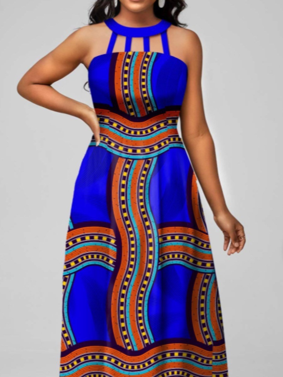 LW Boho Tribal Geometric Print Dresses Striped Cut Out Halter Neck Design Elegant Sleeveless A Line Ankle Length Maxi Dress