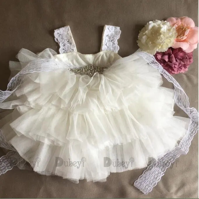 Baby Girl Birthday Party Dress Rhinestone Lace Straps Baby Girl Sleeveless Princess Tutus With Belt Kids Formal Costume