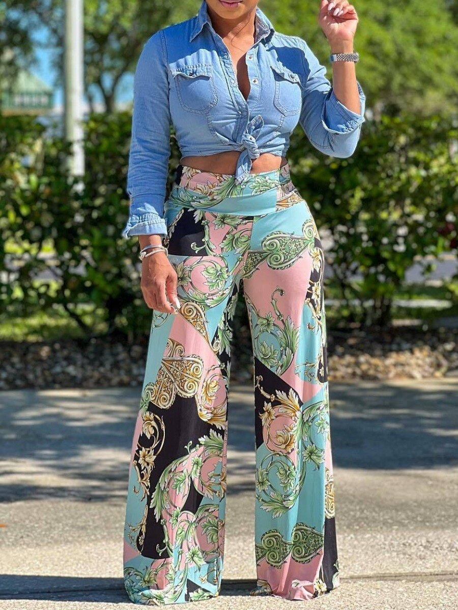 LW Mixed Print Wide Leg Stretchy Pants Bohemian Floor Length All Over Print Boho Trousers Multicolor Trendy Streetwears