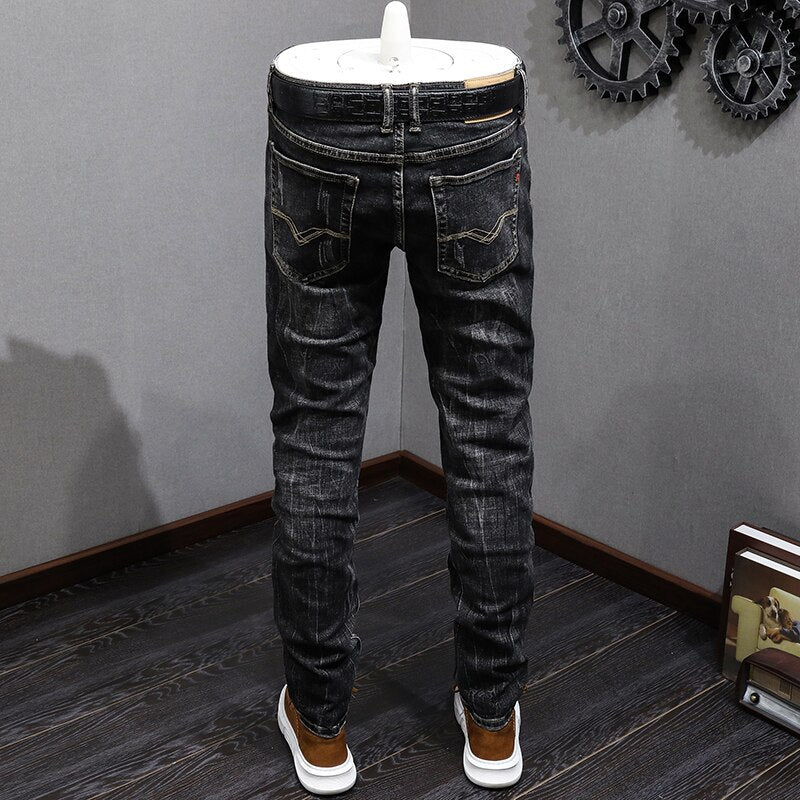 Fashion Designer Men Jeans Retro Black Gray Elastic Slim Fit Ripped Jeans Men Trousers Vintage Casual Stretch Denim Pants Hombre