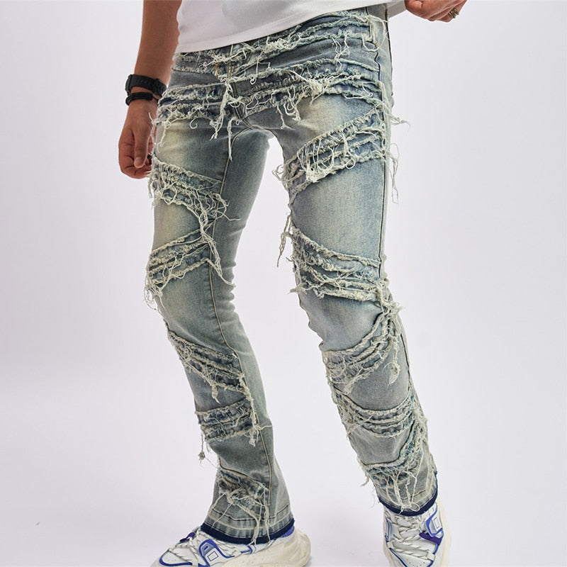 Y2K Style Streetwear Mens Denim Pants New Fashion Ripped Patchwork Design Slim Straight Jeans Autumn Men Vintage Jean Trousers