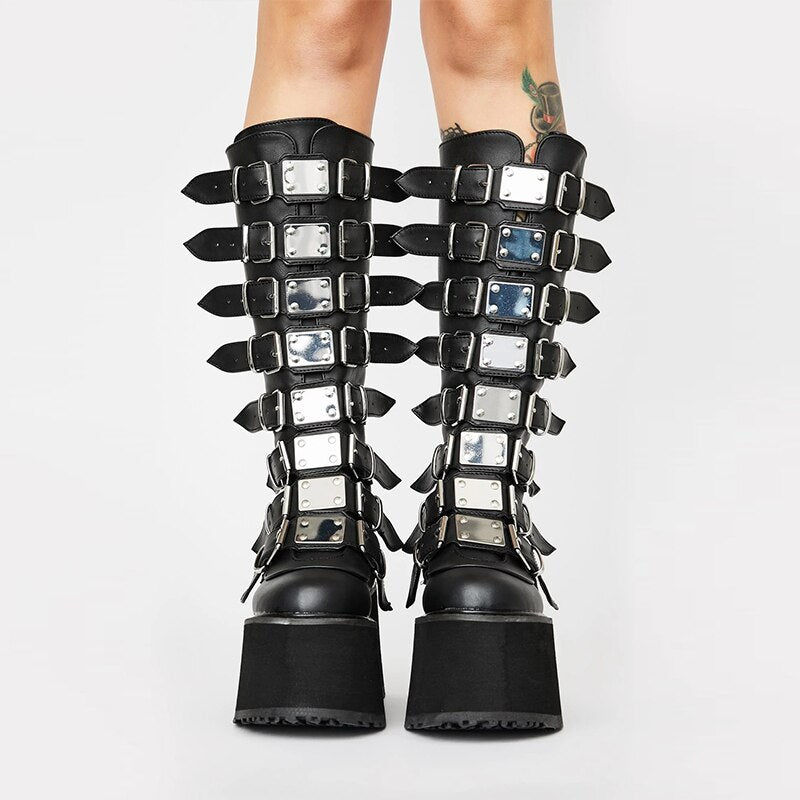 New Women Mid-calf Boots Metal Belt Buckle Wedge High Heel Platform Female Pumps Ladies Black Punk Gothic Party Shoes