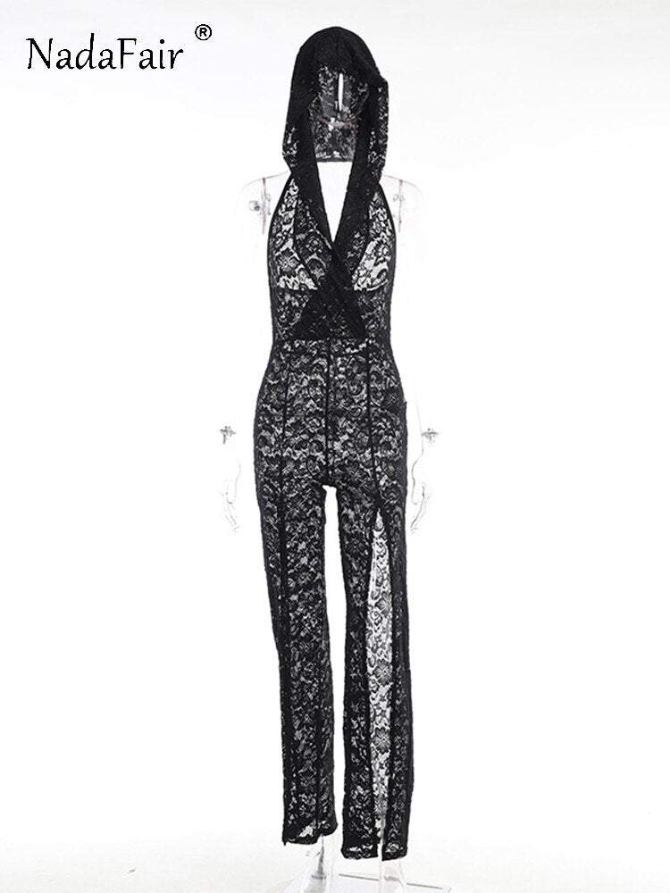 Nadafair Hoodie Jumpsuits Women Summer Y2K Fashion 2023 Lace See Through Black White Sleeveless Backless Split Sexy Pants One Pi