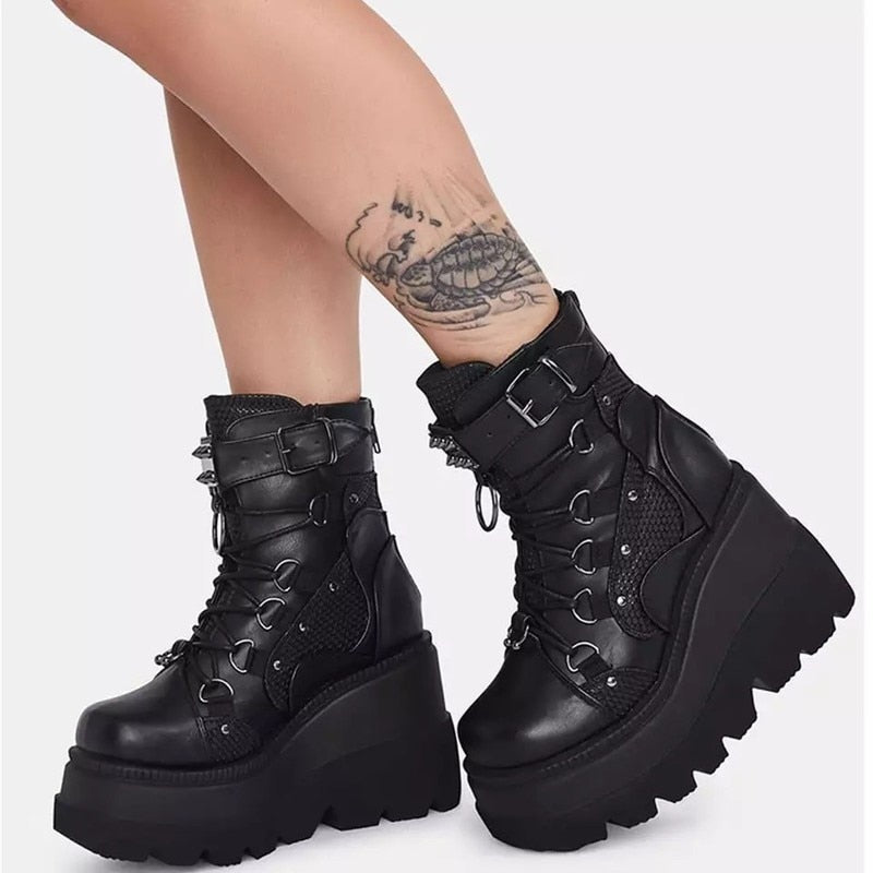 Demonia 9.5cm Thick Bottom Motorcycle Boots Gothic Pink Hot Girl Ankle Boots Women&#39;s Black Boots Platform Shoes High Heels