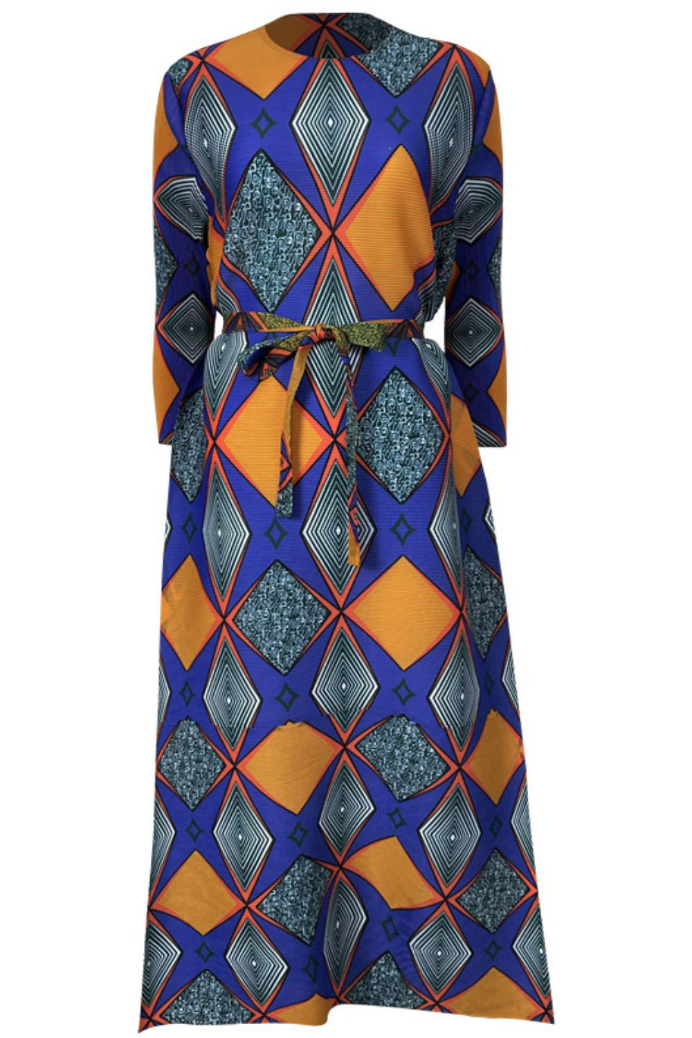 Geometrical Print Accordion Pleated Three-Quarter Sleeve Dress