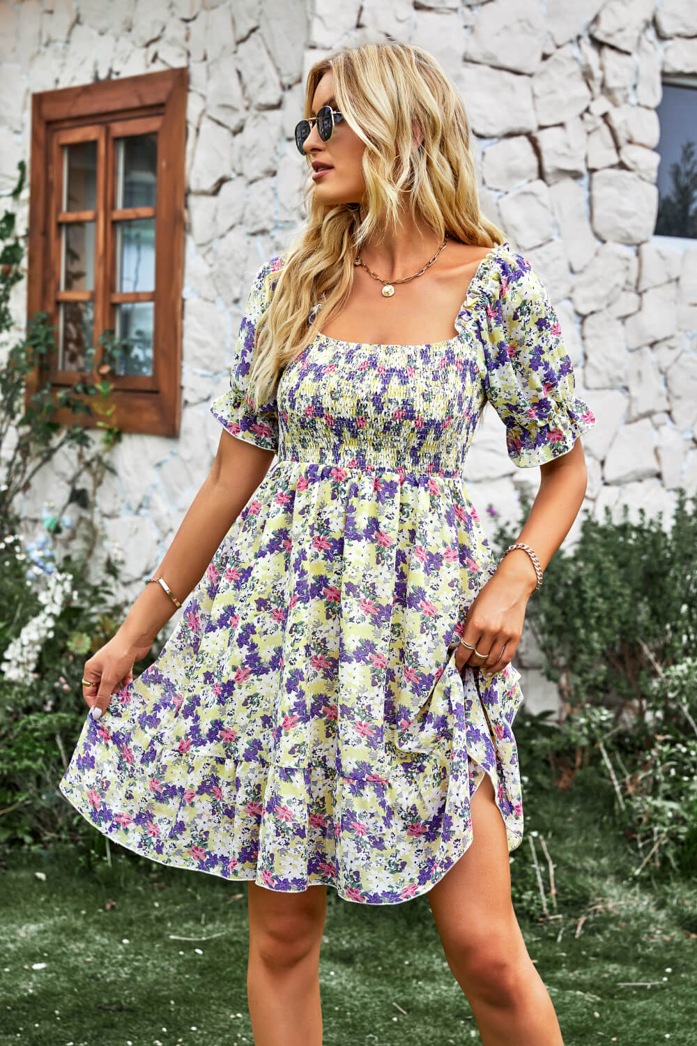 Floral Square Neck Smocked Frill Trim Dress