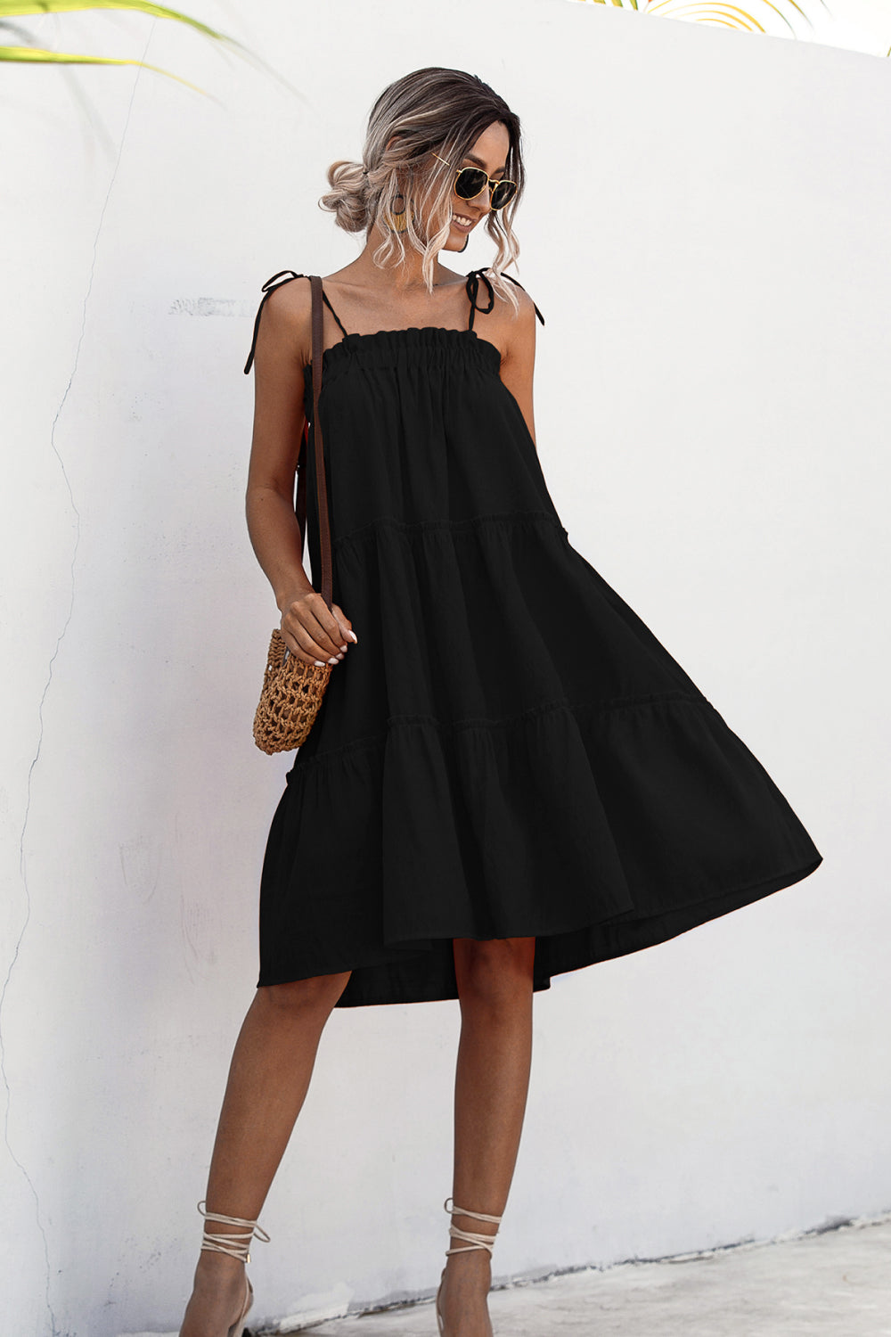 Knotted Strap Ruffle Trim Smock Dress