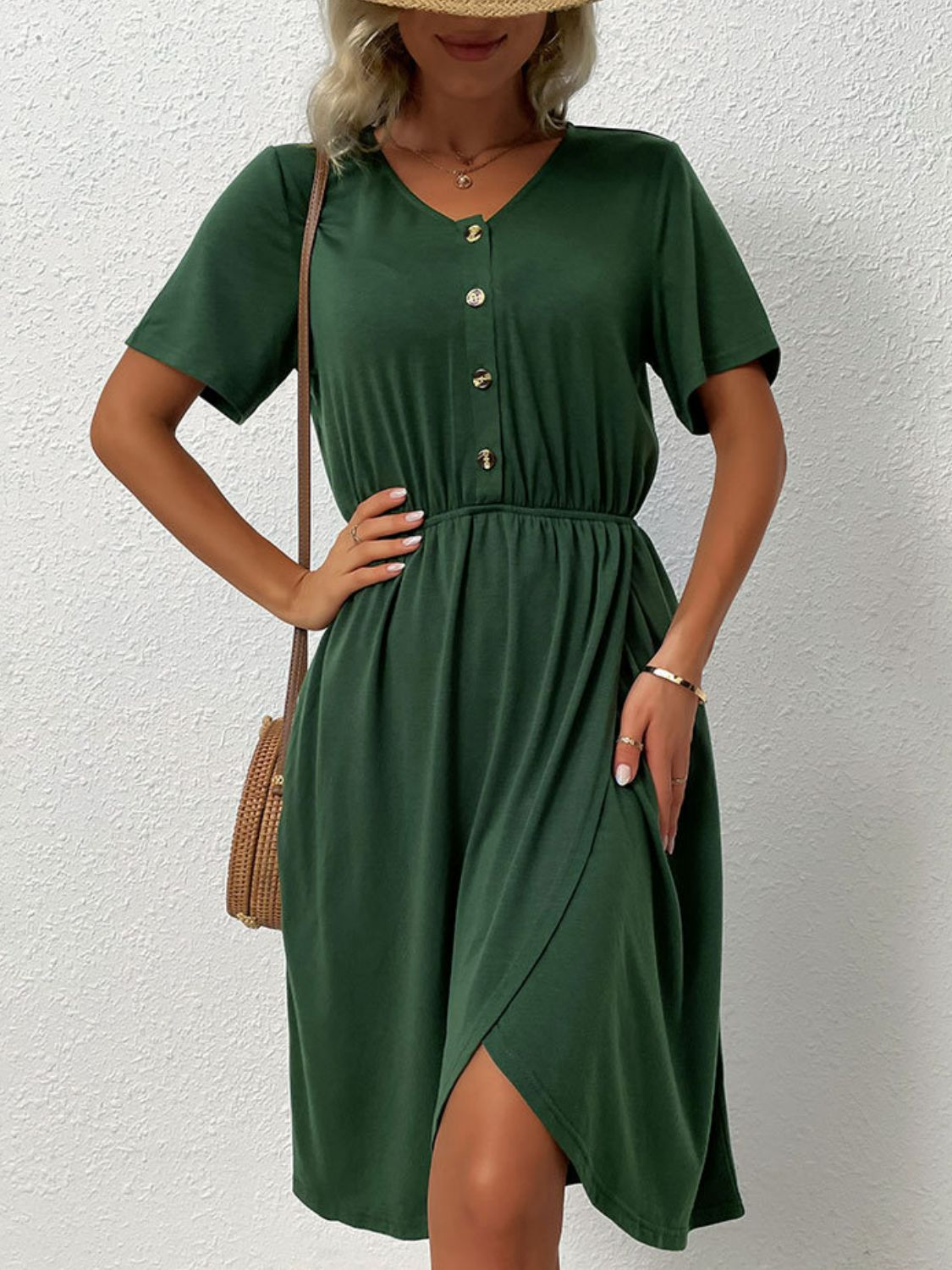 V-Neck Short Sleeve Split Dress