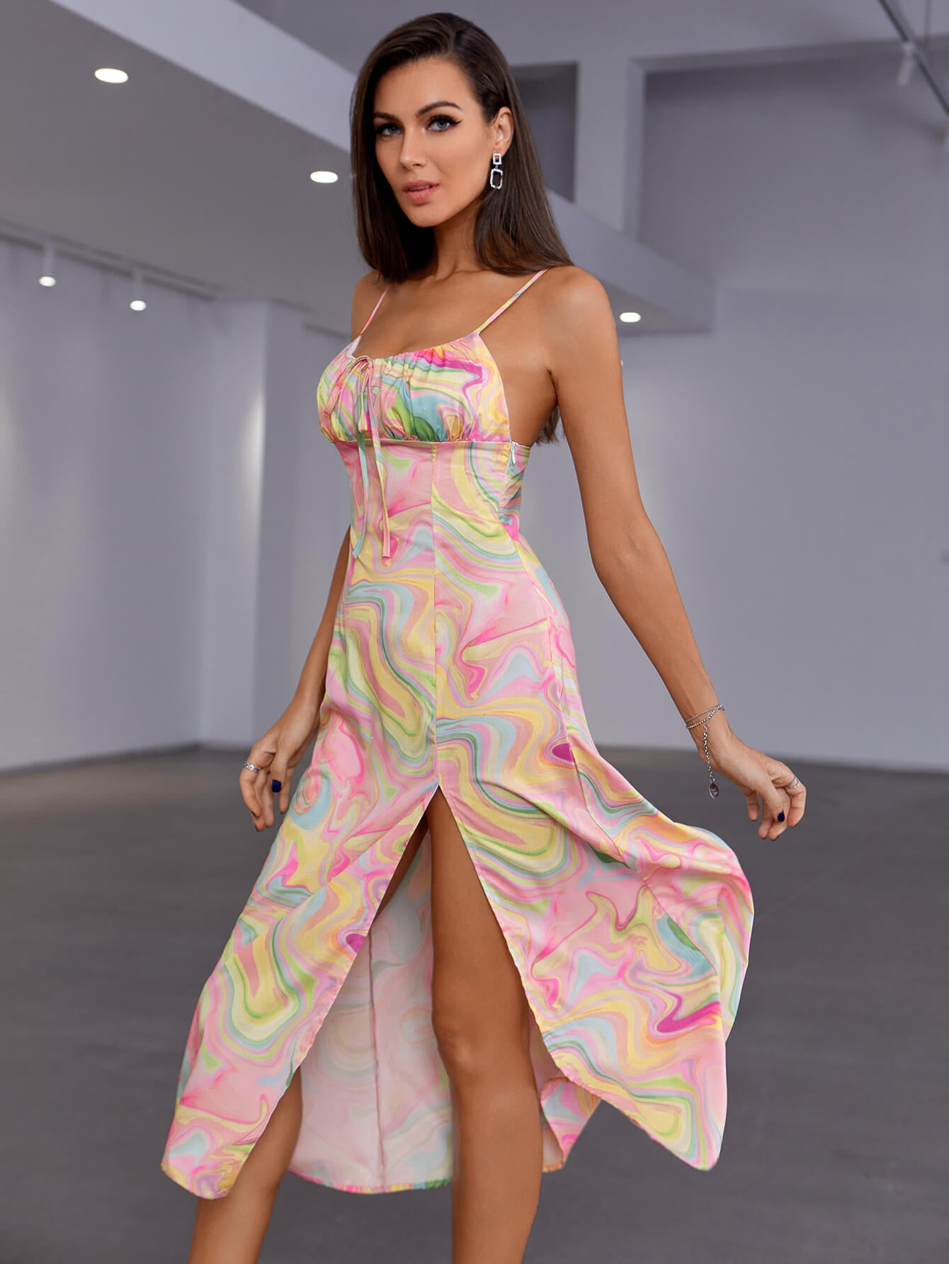 Abstract Print Tied Split Cami Dress