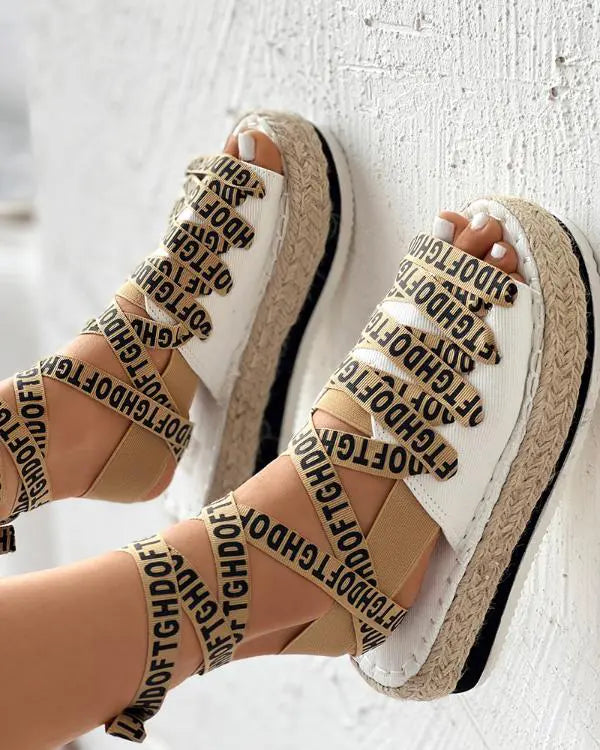 Letter Band Lace-up Platform Peep Toe Strappy Sandals