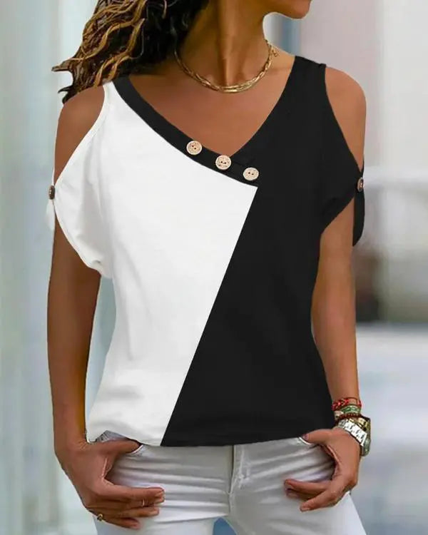 Colorblock Button Decor Cold Shoulder Top