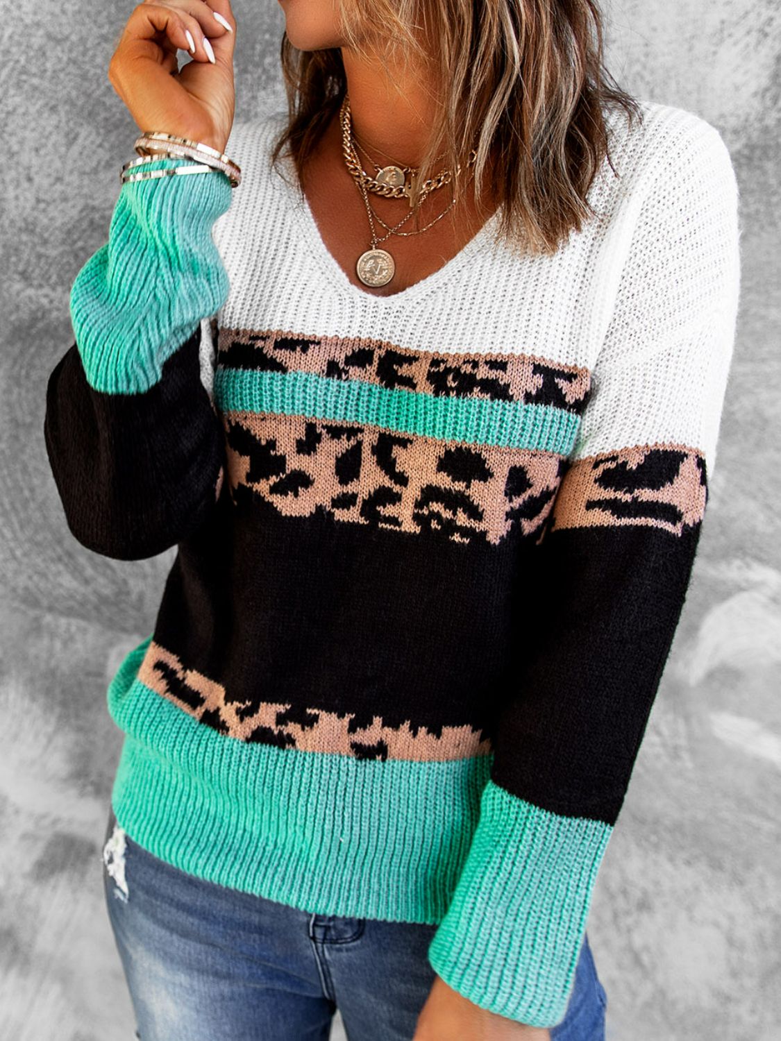 Leopard Color Block V-Neck Rib-Knit Sweater