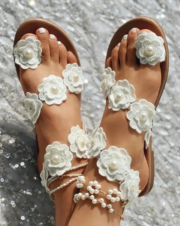 Lace Floral Pattern Toe Post Bohemian Beach Sandals