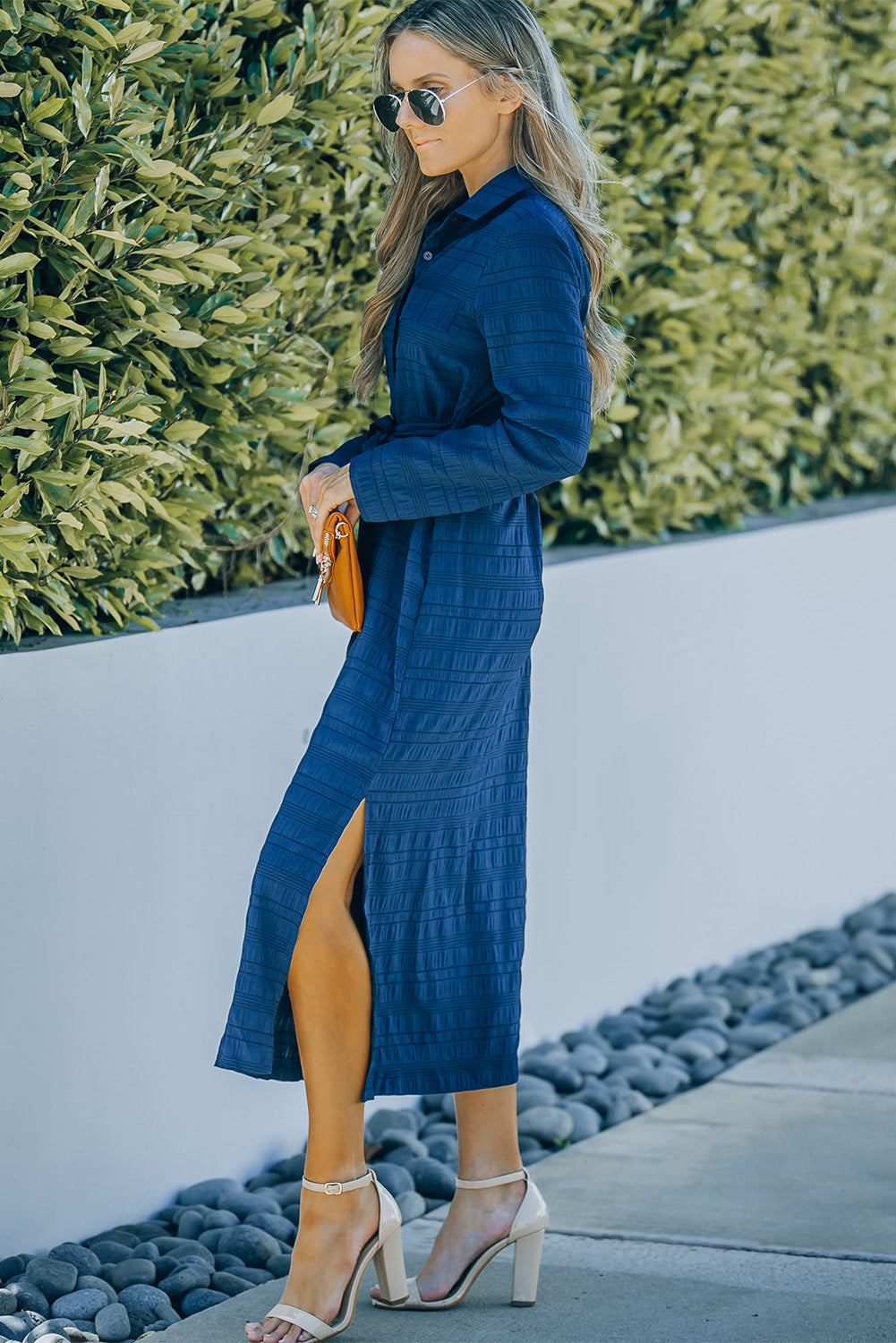 Button Front Textured Slit Shirt Dress with Belt