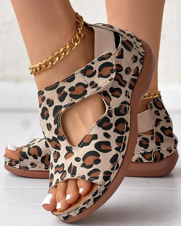 Leopard Peep Toe Hollow Out Sandals