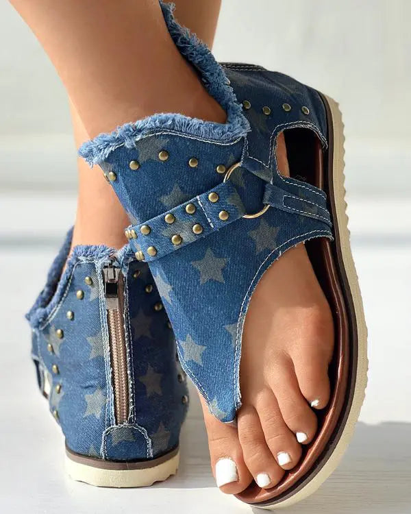 Star Print Studded Fringe Hem Sandals