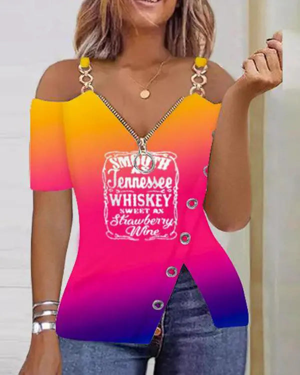 Smooth As Tennessee Whiskey Sweet As Strawberry Wine Print Cold Shoulder Top