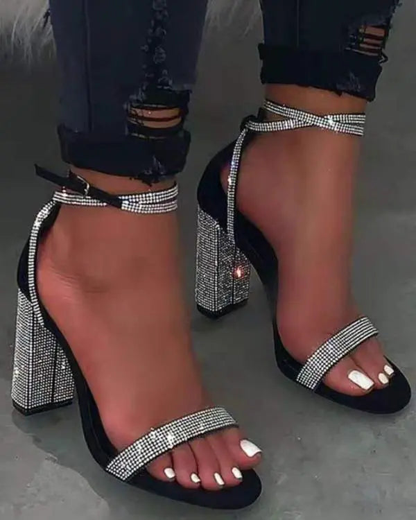 Rhinestone Ankle Strap Chunky Heels