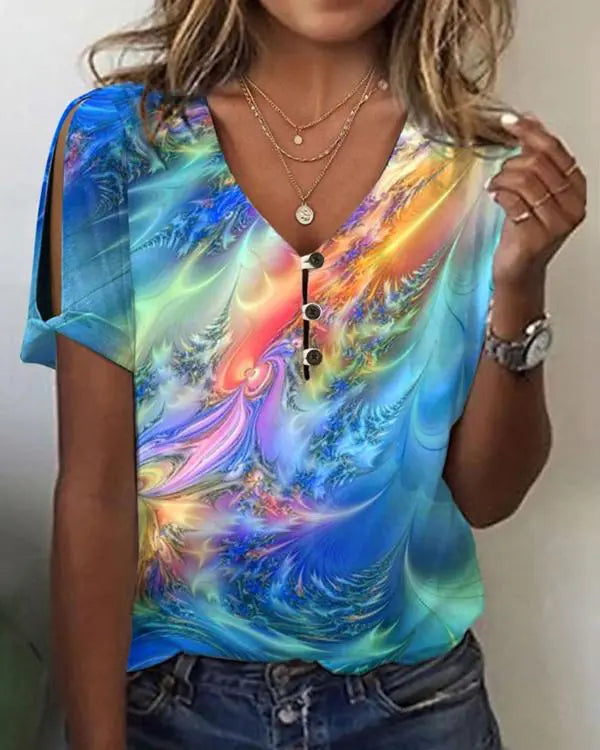 Abstract Print Split Sleeve Casual T-shirt