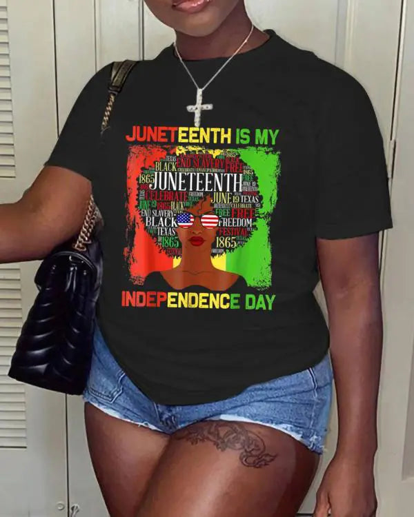 Juneteenth Figure Letter Print Crew Neck T-shirt