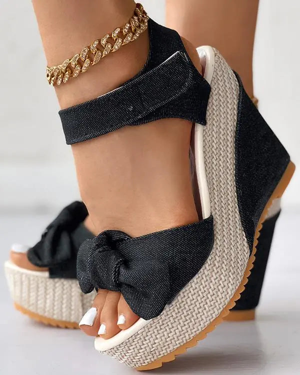 Peep Toe Slingback Denim Platform Wedge Sandals