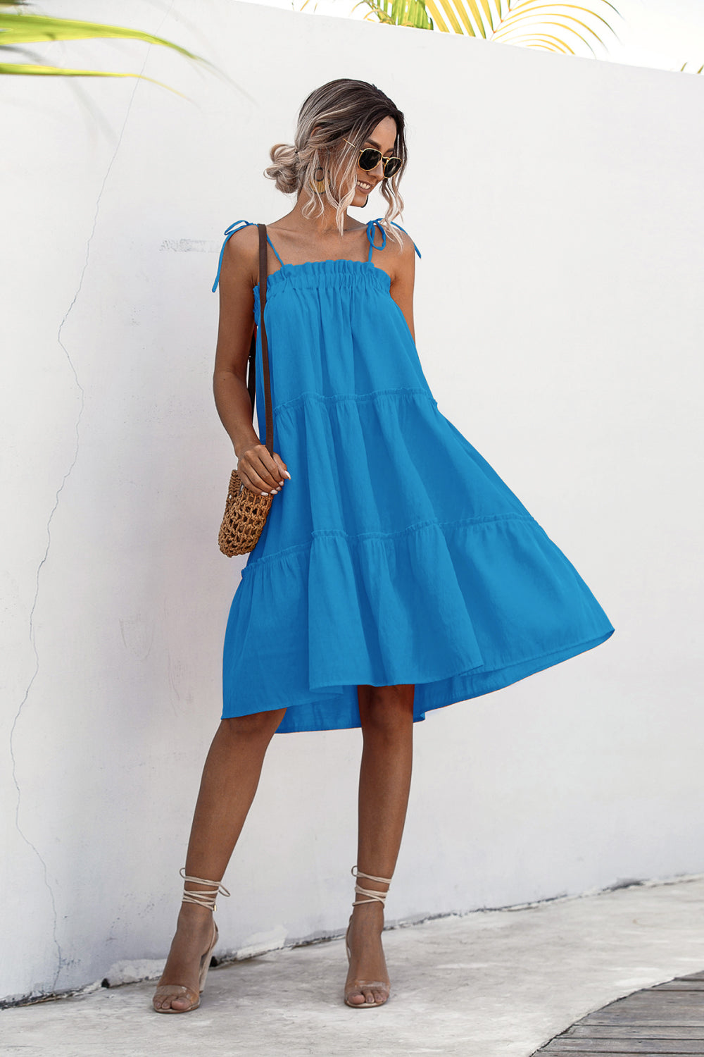 Knotted Strap Ruffle Trim Smock Dress