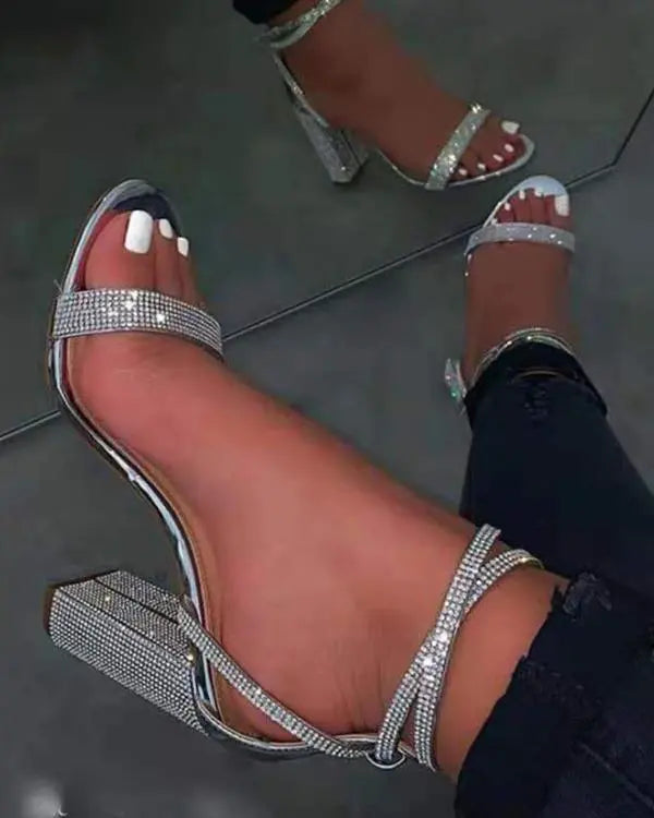 Rhinestone Ankle Strap Chunky Heels