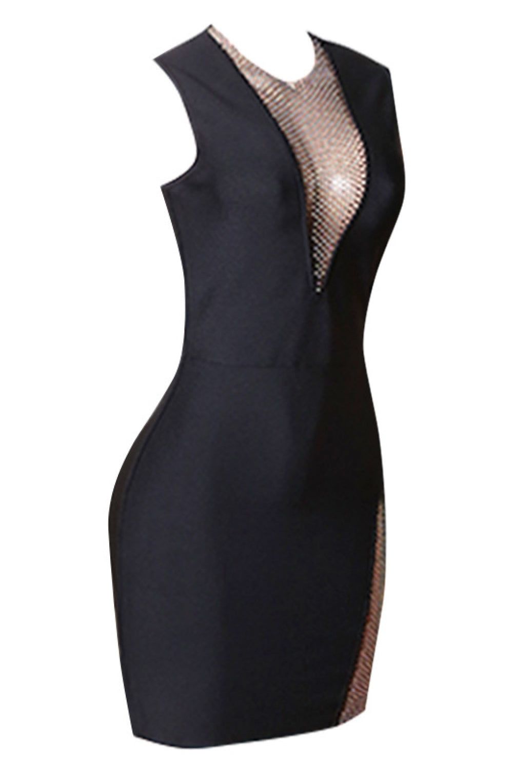 Rhinestone Detail Spliced Mesh Sleeveless Dress