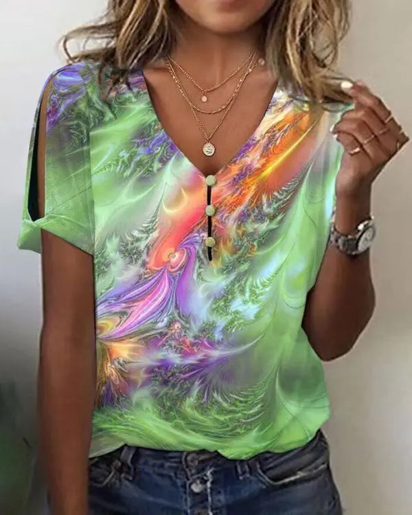 Abstract Print Split Sleeve Casual T-shirt