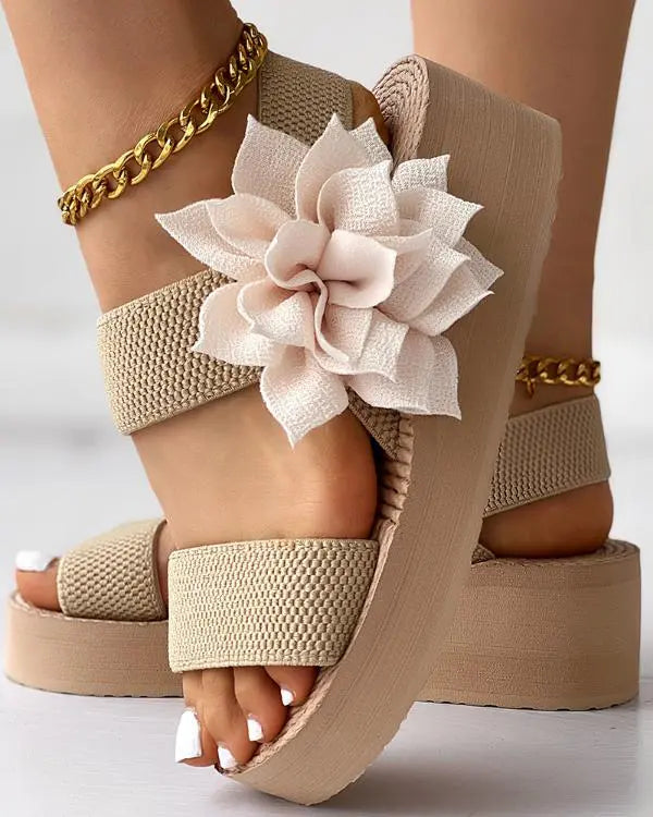 Floral Pattern Slingback Platform Wedge Sandals