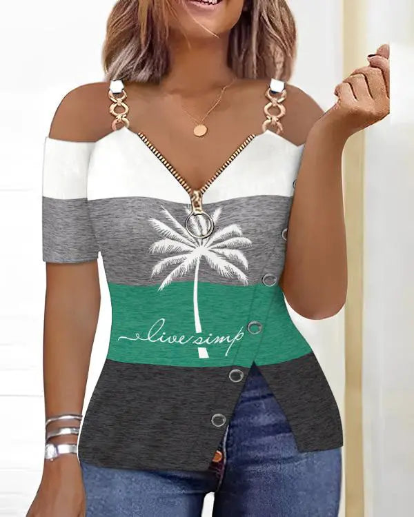 Coconut Tree Print Striped Colorblock Slit Cold Shoulder Top