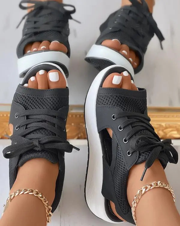 Contrast Paneled Cutout Lace-up Muffin Sandals