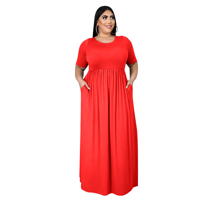 Summer Women's New Solid Color Round Neck Loose Casual Large Size Dress