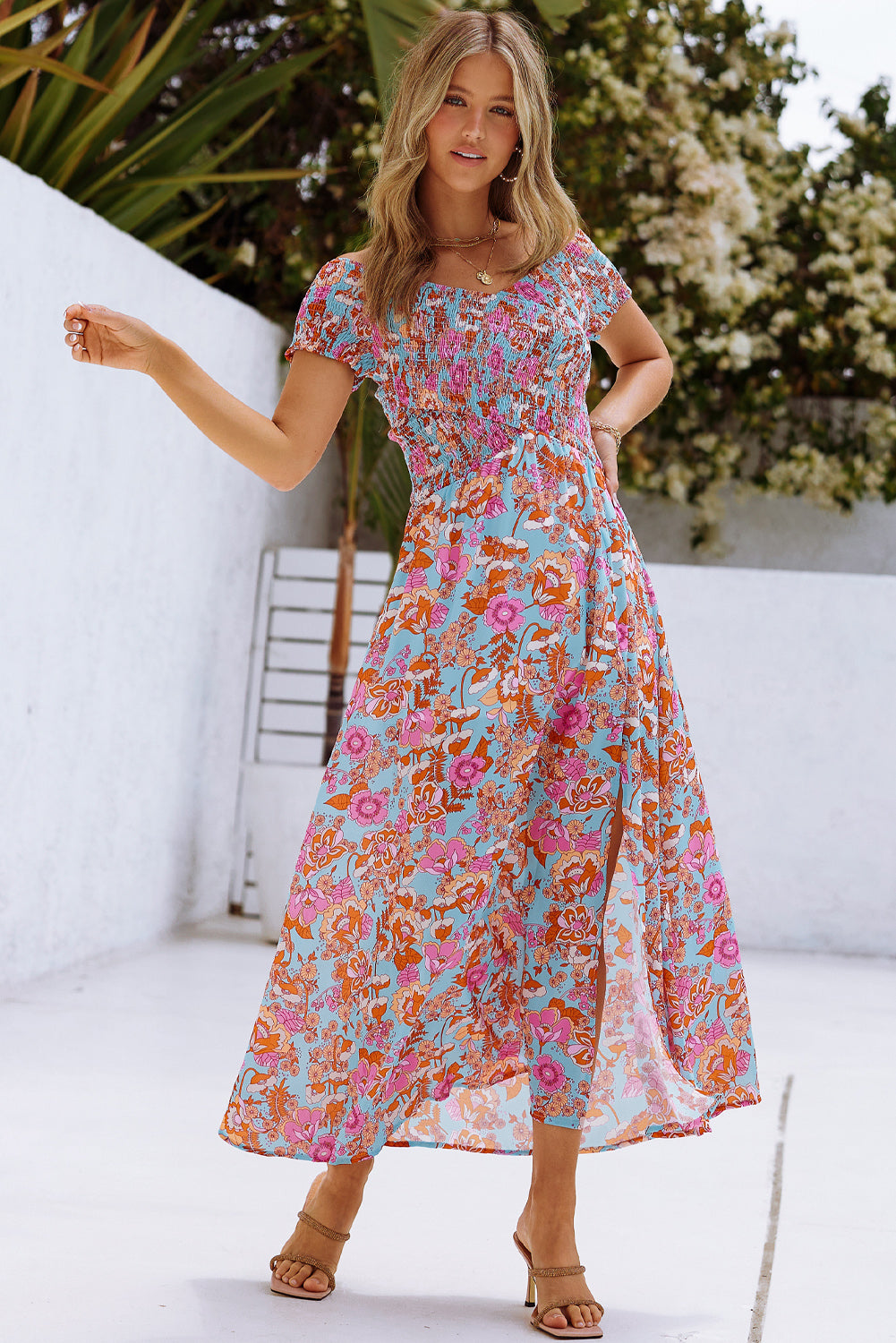 Floral Crisscross Smocked Off-Shoulder Dress