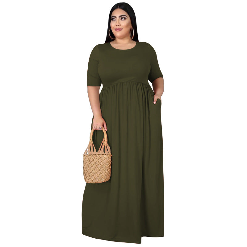 Summer Women's New Solid Color Round Neck Loose Casual Large Size Dress