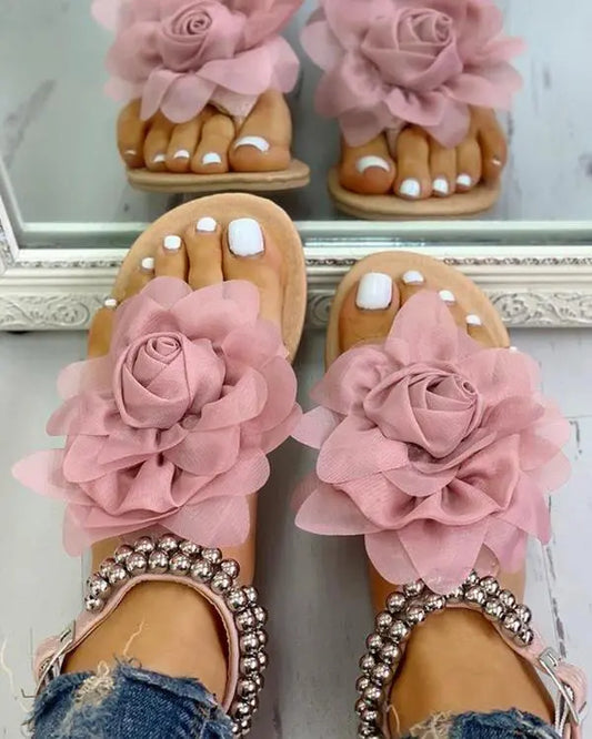 Mesh Floral Embellished Beaded Flat Sandals