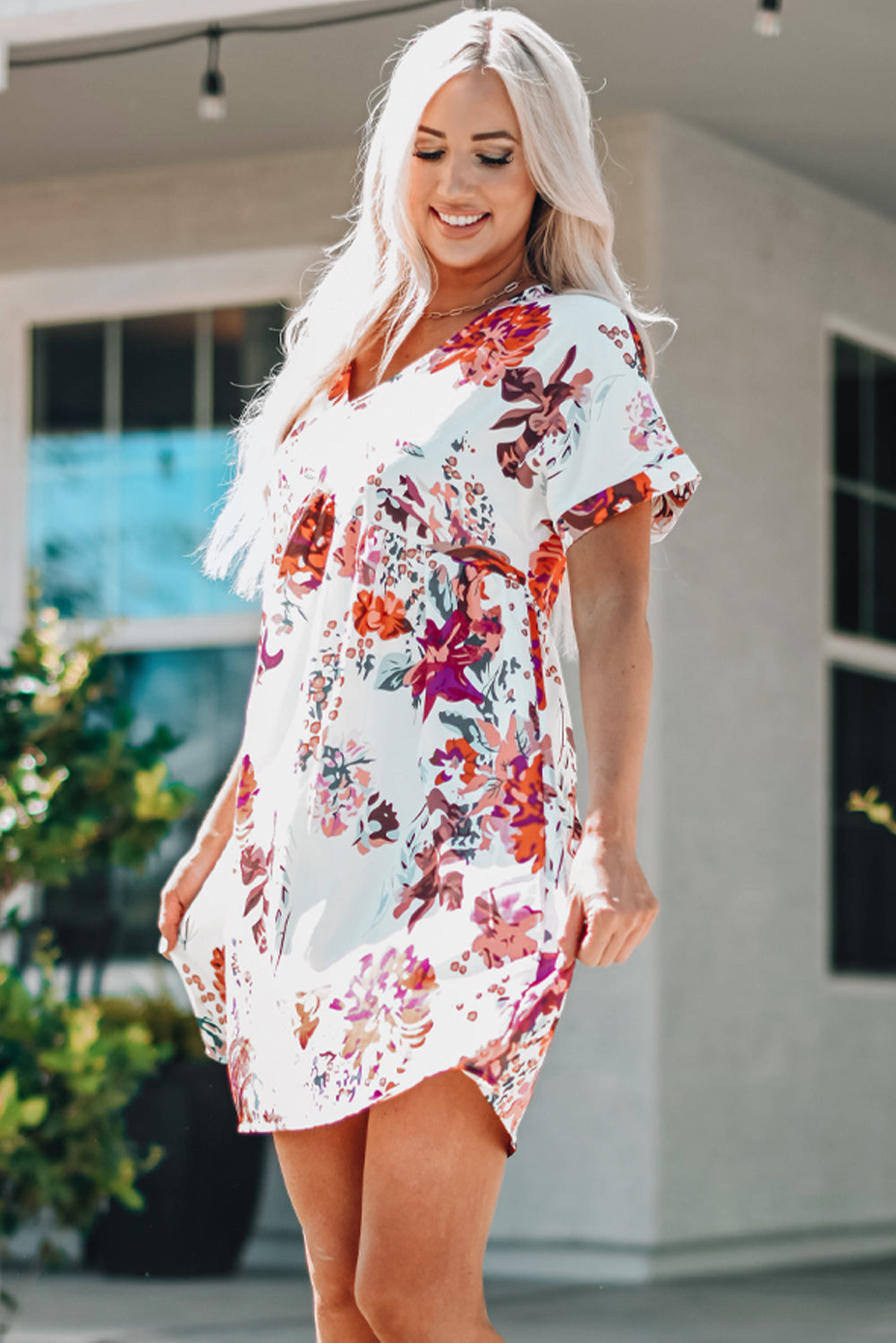 Floral Cuffed Short Sleeve Babydoll Dress