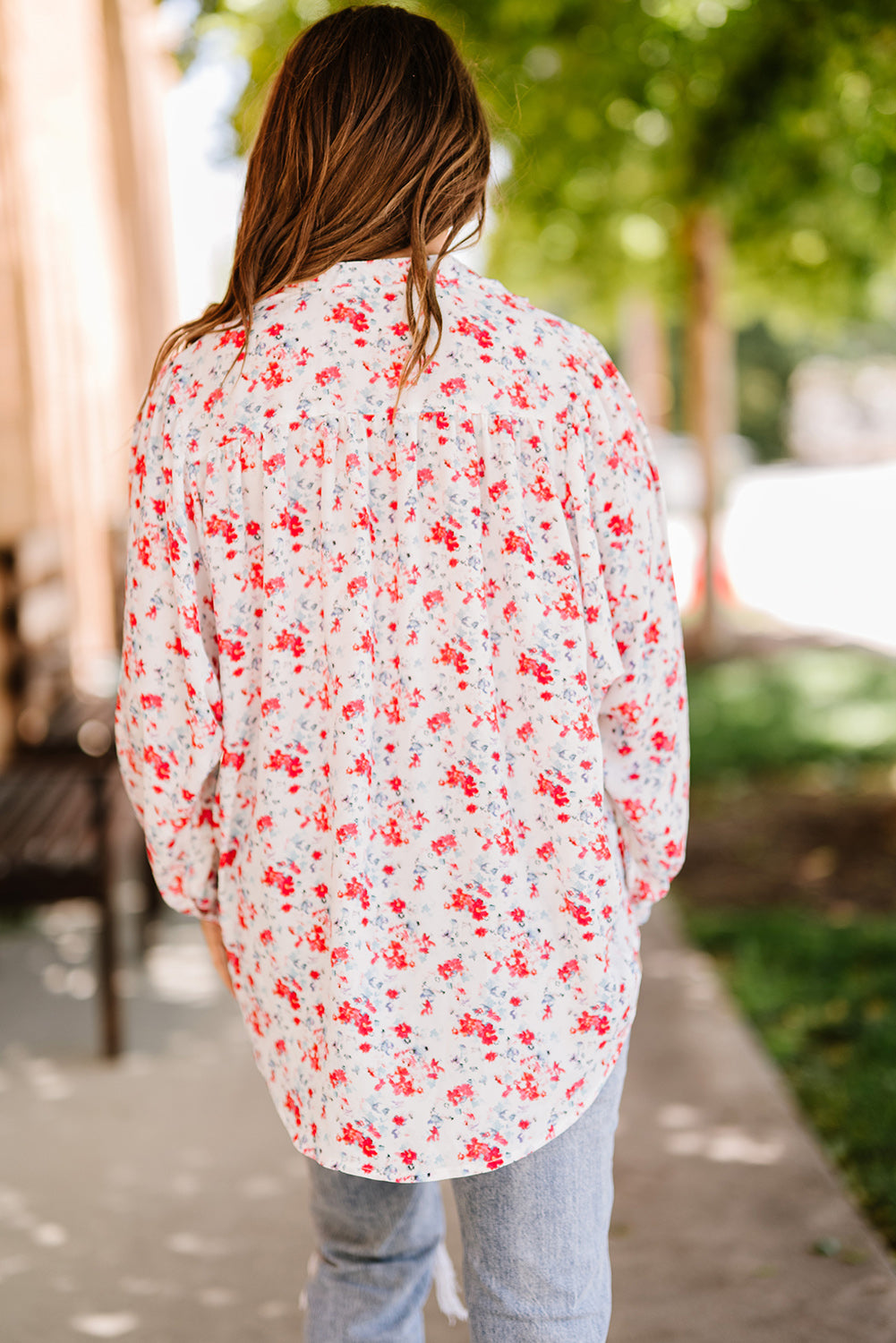 Floral Band Collar High-Low Blouse