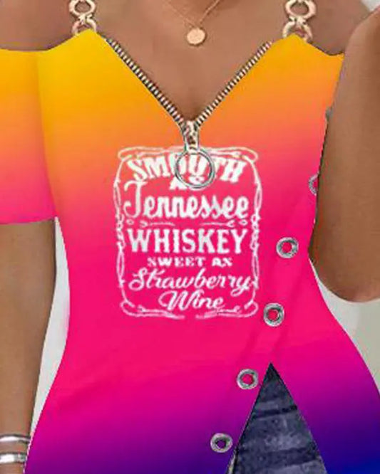 Smooth As Tennessee Whiskey Sweet As Strawberry Wine Print Cold Shoulder Top