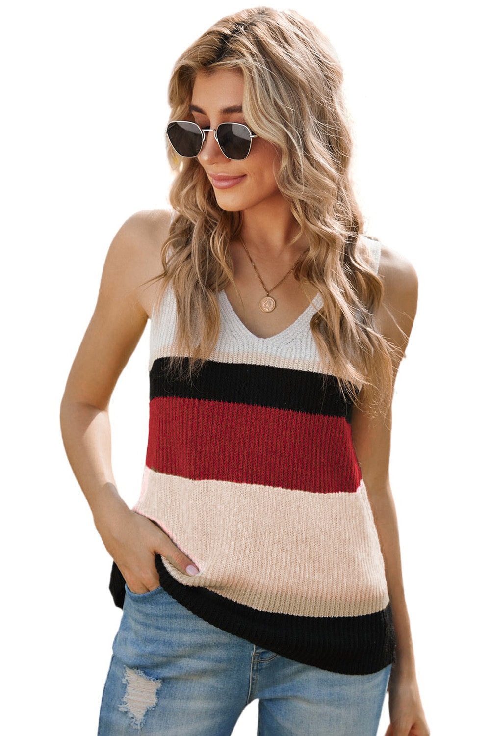 Color Block V-Neck Rib-Knit Tank