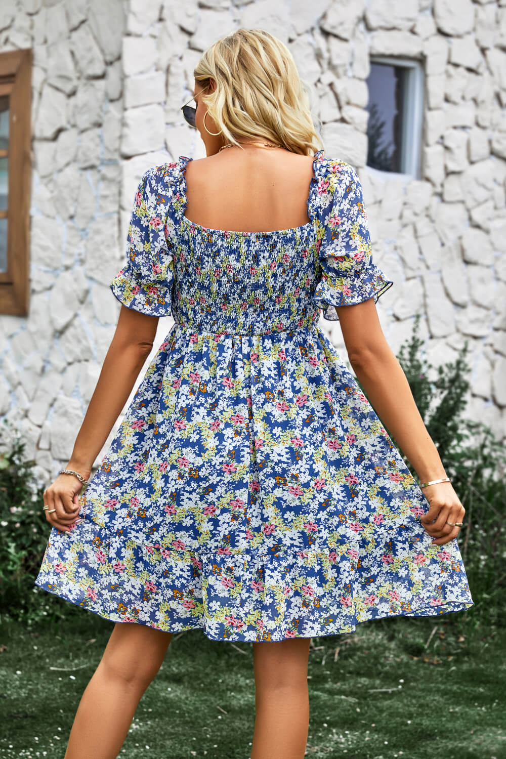 Floral Square Neck Smocked Frill Trim Dress