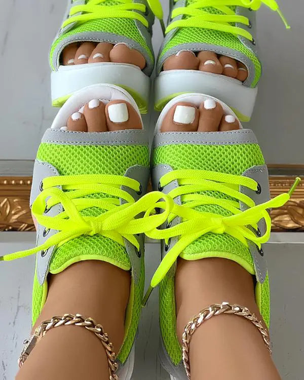 Contrast Paneled Cutout Lace-up Muffin Sandals