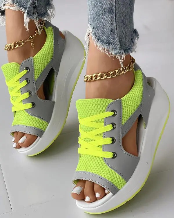 Contrast Paneled Cutout Lace-up Muffin Sandals