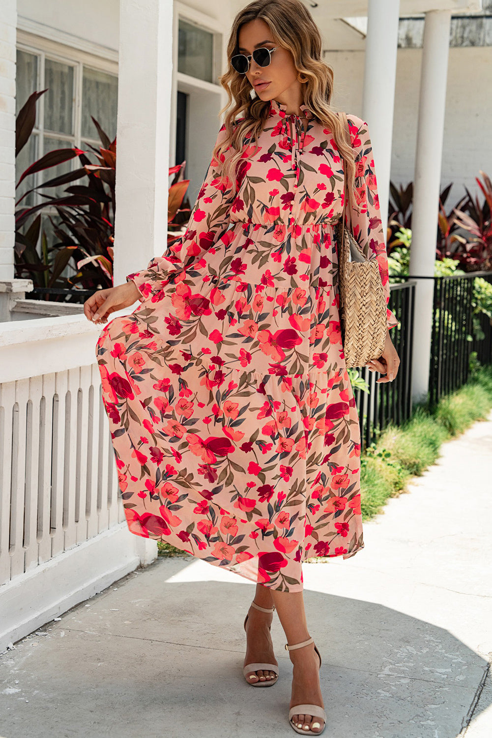 Floral Tie Neck Flounce Sleeve Tiered Dress