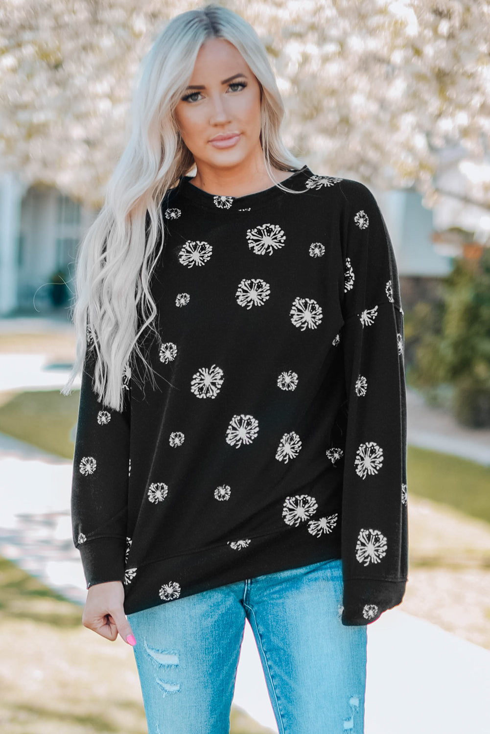 Dandelion Print Round Neck Slit Sweatshirt