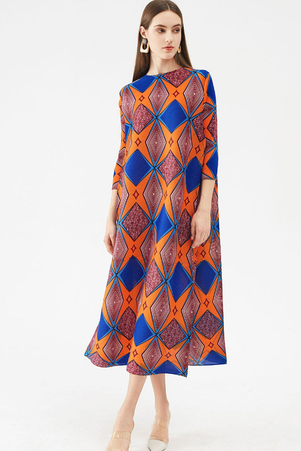 Geometrical Print Accordion Pleated Three-Quarter Sleeve Dress