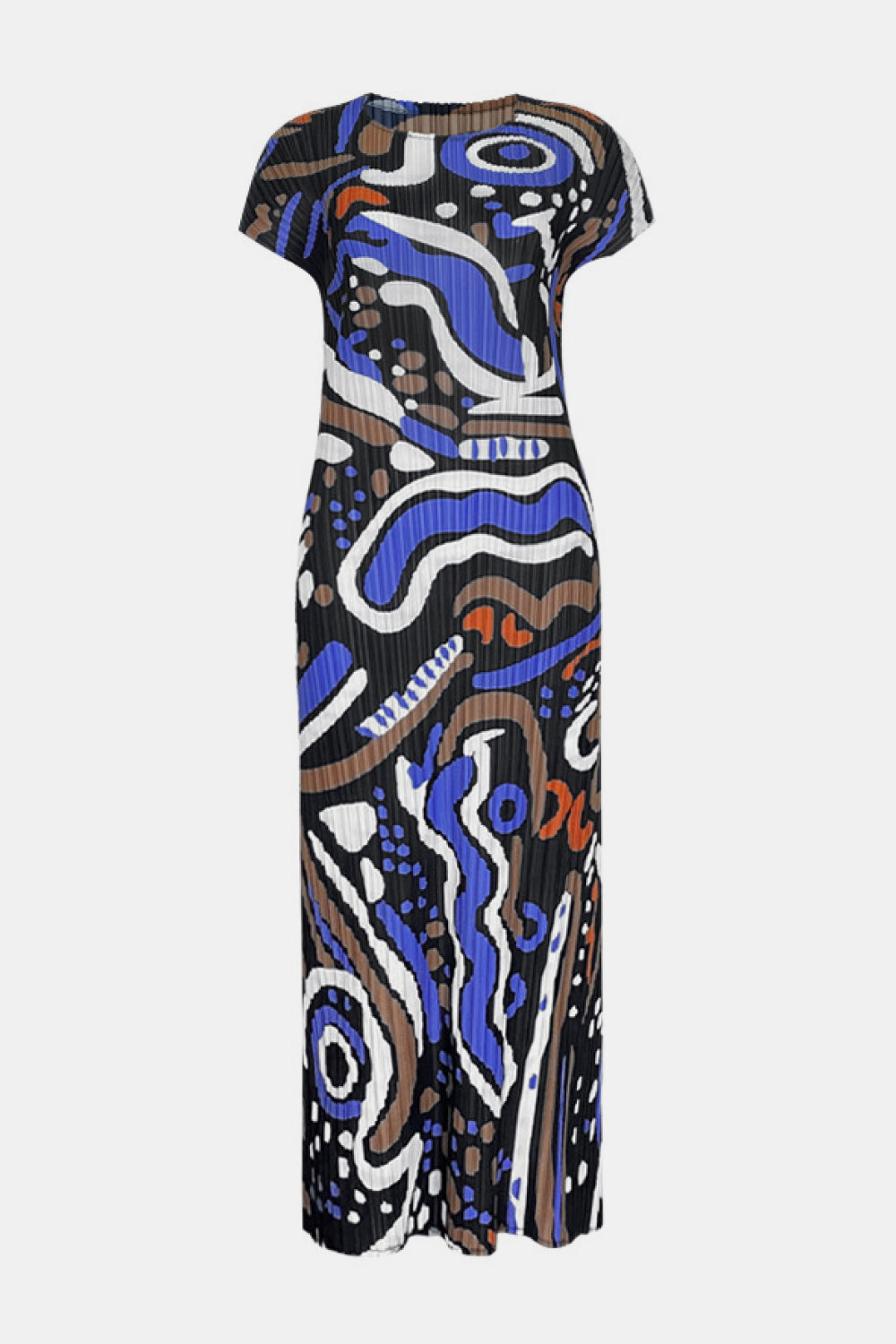 Abstract Print Accordion Pleated Round Neck Midi Dress