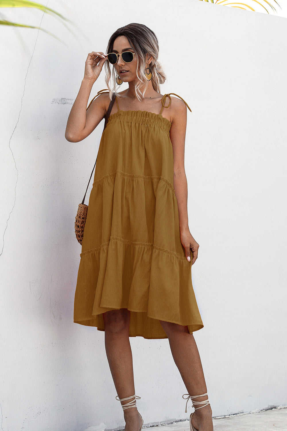 Knotted Strap Ruffle Trim Smock Dress